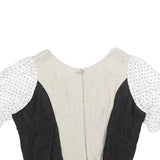 Womens Black & Beige & White Cropped Top Puff Sleeve Round Neck Plain L Cotton