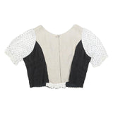 Womens Black & Beige & White Cropped Top Puff Sleeve Round Neck Plain L Cotton