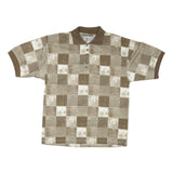 BLUE JEANS Mens Beige & Brown Check Short Sleeve Polo Shirt L Cotton Blend