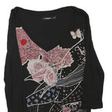 DESIGUAL Womens Black Floral Printed V-Neck Long Sleeve Top XS Stylish Cotton
