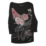DESIGUAL Womens Black Floral Printed V-Neck Long Sleeve Top XS Stylish Cotton