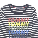 TOMMY HILFIGER Womens Black & White Striped Crew Neck S Sweatshirt Logo Print