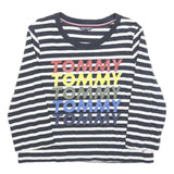 TOMMY HILFIGER Womens Black & White Striped Crew Neck S Sweatshirt Logo Print