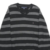 TOMMY HILFIGER Mens Black & Grey Patterned Cotton Jumper V-Neck Basic Knit L