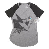 MAJESTIC Womens Grey & Black Graphic T-Shirt S Short Sleeve V-Neck Comfortable