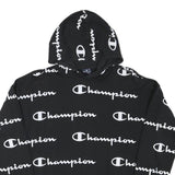 CHAMPION Boys Black Hoodie XL All Over Script Logo Print Sweatshirt