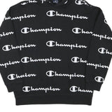 CHAMPION Boys Black Hoodie XL All Over Script Logo Print Sweatshirt