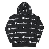 CHAMPION Boys Black Hoodie XL All Over Script Logo Print Sweatshirt