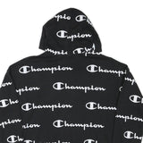 CHAMPION Boys Black Hoodie XL All Over Script Logo Print Sweatshirt