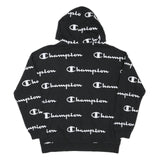 CHAMPION Boys Black Hoodie XL All Over Script Logo Print Sweatshirt
