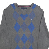 TOMMY HILFIGER Mens Grey & Blue Patterned V Neck Jumper Cable Knit M Cotton