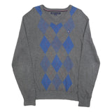TOMMY HILFIGER Mens Grey & Blue Patterned V Neck Jumper Cable Knit M Cotton