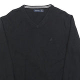 NAUTICA Mens Black Plain Jumper V-Neck Basic Knit L Cotton Blend Casual Knitwear