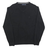 NAUTICA Mens Black Plain Jumper V-Neck Basic Knit L Cotton Blend Casual Knitwear