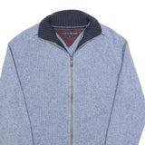 TOMMY HILFIGER Mens Blue Wool Blend Patterned Jumper Full Zip Crew Neck M Rib