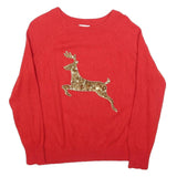 H&M Womens Red Gold Sequin Reindeer Patterned Wool Blend Jumper Crew Neck M