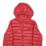 BENETTON Womens Red Hooded Puffer Jacket S Woven Down Plain Zip Lightweight Warm