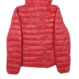 BENETTON Womens Red Hooded Puffer Jacket S Woven Down Plain Zip Lightweight Warm