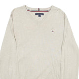 TOMMY HILFIGER Mens Beige Cotton Patterned V-Neck Basic Knit Jumper L Classic