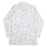 BAYMARKET Mens White & Light Blue Abstract Print Faux Silk Shirt L Relaxed Fit