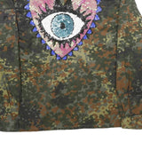 Womens Green & Brown Camouflage Sequin Eye Embroidered Zip Jacket XL Polyester