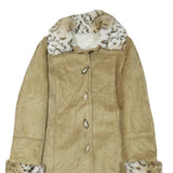 Womens Beige Leather Button Jacket L Faux Fur Collar Cuff Hem Trimmed