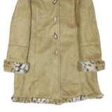 Womens Beige Leather Button Jacket L Faux Fur Collar Cuff Hem Trimmed