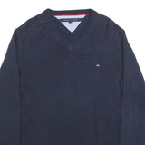 TOMMY HILFIGER Mens Navy Plain Cotton Blend Regular Fit V-Neck Jumper L Classic