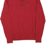 TOMMY HILFIGER Mens Red Cotton Blend Pullover Plain Half Zip Jumper L Casual