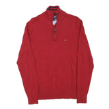TOMMY HILFIGER Mens Red Cotton Blend Pullover Plain Half Zip Jumper L Casual