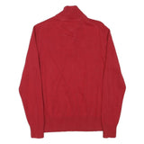TOMMY HILFIGER Mens Red Cotton Blend Pullover Plain Half Zip Jumper L Casual