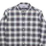 NAUTICA Mens White & Grey Checked Shirt L Classic Fit Cotton Blend Long Sleeve