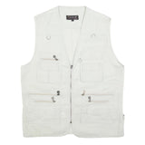QKM Mens White Cotton Blend Utility Jacket L Multi Pocket Zip Casual