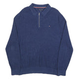 TOMMY HILFIGER Mens Blue Plain Zip Pullover Jumper Cotton L Casual Comfort