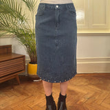Re&X Embroidered Denim Skirt - 32W UK 12 Blue Cotton