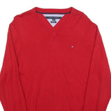 TOMMY HILFIGER Mens Red Plain V Neck Basic Knit Jumper XL Cotton Casual