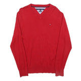 TOMMY HILFIGER Mens Red Plain V Neck Basic Knit Jumper XL Cotton Casual