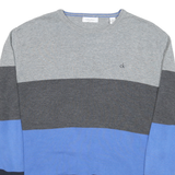 CALVIN KLEIN Mens Grey & Blue Colourblock Pattern Crew Neck Basic Knit XL Cotton