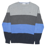 CALVIN KLEIN Mens Grey & Blue Colourblock Pattern Crew Neck Basic Knit XL Cotton