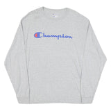 CHAMPION Mens Grey Long Sleeve Crew Neck Cotton Blend T-Shirt L Logo Graphic