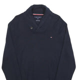 TOMMY HILFIGER Mens Navy Plain Pullover Shawl Collar Cotton Jumper M Stylish