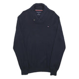 TOMMY HILFIGER Mens Navy Plain Pullover Shawl Collar Cotton Jumper M Stylish