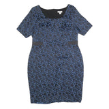 MONSOON Womens Blue & Black Jacquard Day Dress Cotton Blend Short Sleeve UK 18