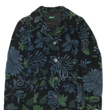 BENETTON Womens Blue & Green Floral Button Jacket XS Polyester Blend Velvet