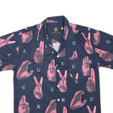 Mens Navy Blue & Pink Graphic Print Short Sleeve Shirt L Casual Stylish