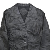 Womens Black Leather Button Jacket L Plain Classic Outerwear Stylish