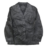 Womens Black Leather Button Jacket L Plain Classic Outerwear Stylish