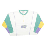 CAMP BEVERLY HILLS Womens White Green & Purple Sweatshirt L Button Neck Retro