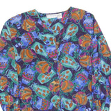 RESTLESS Womens Blue Green Printed Blouse Long Sleeve V-Neck S Artistic Silk Top