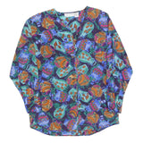 RESTLESS Womens Blue Green Printed Blouse Long Sleeve V-Neck S Artistic Silk Top